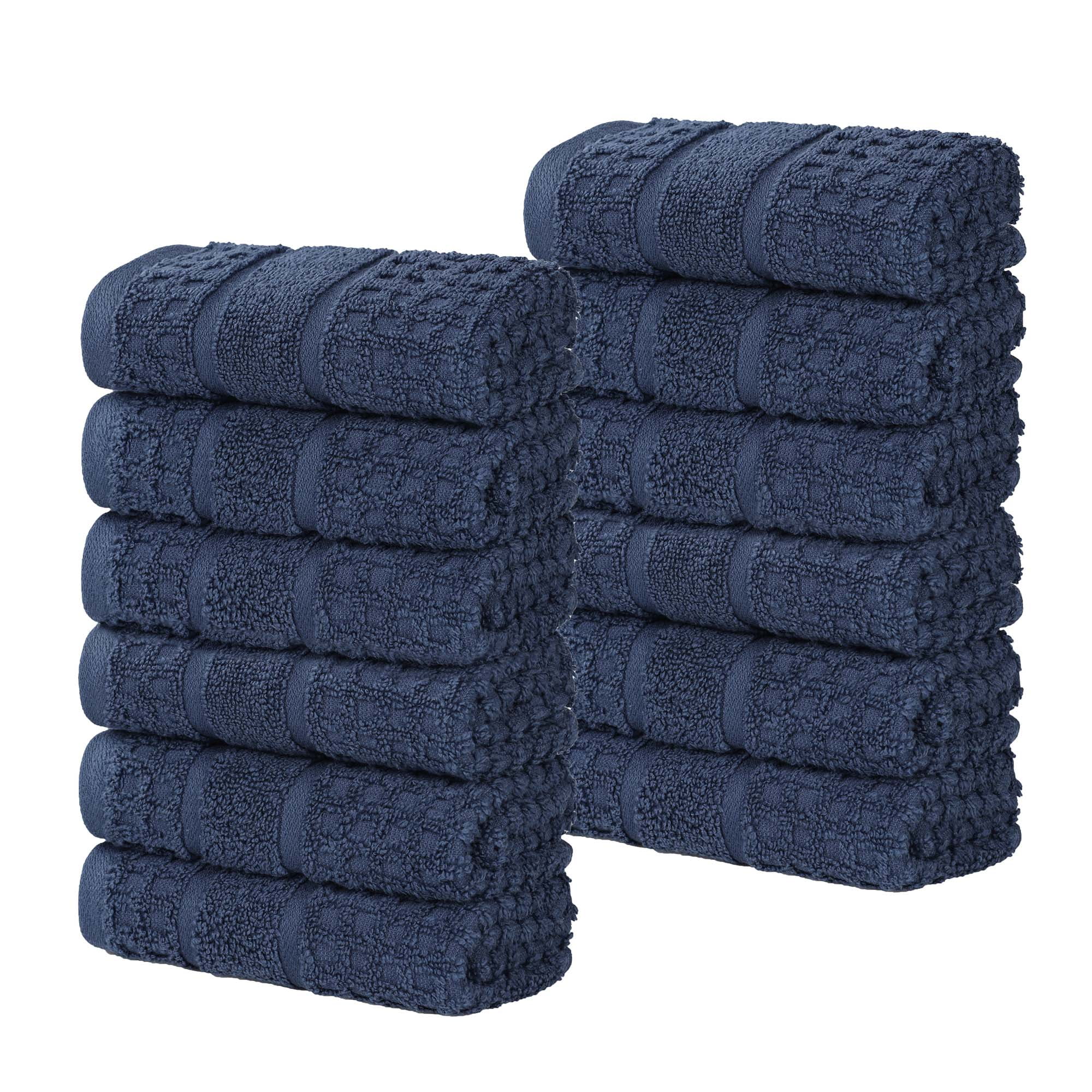 Superior Zero Twist 12-Piece Cotton Face Towel Set, Waffle Border Ultra Doft Quick Dry Towels, Navy Blue
