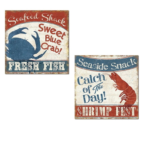Fresh Seafood | Nautical Retro Blue Crab and Red Lobster Set by Pela Studio; Coastal Decor; Two 12x12in Poster Prints. Red/Blue/Tan