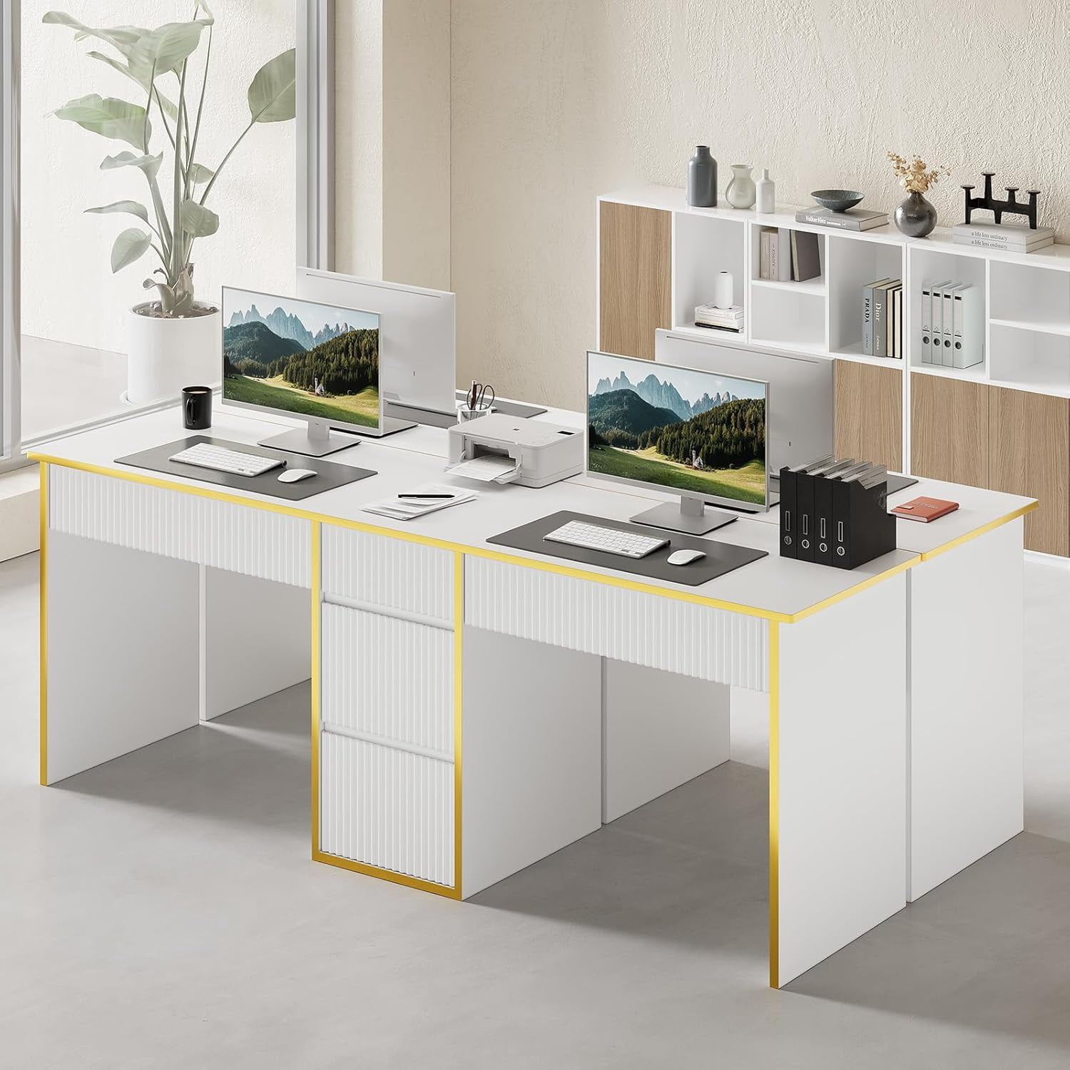 DreamCurship Two Person White Desk with Drawers, 78 inch Computer Desk with Storage Shelves, Double Desk with Storage for 2 People, Home Office Work Desk, White