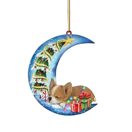 

BESTHUA Christmas Tree Hangings Acrylic Ornaments for Christmas Handmade Pet Dog Sit on the Moon Hangings Pendant Decoration Christmas Gift for Windows Door