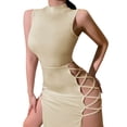 thumbnail image 3 of WTXUE Dresses, High Slit Sleeveless Double Split Crew Neck, Women Summer Dress Side Slit Dress Solid Vestidos Casuales Para Mujer Verano Mid-Length Women, Beige Size L, 3 of 7