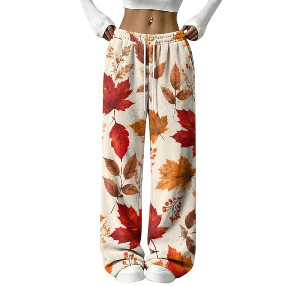 Hearthz Thanksgiving Fleece Pj Pants Fall Maple Leaf Print Wide Leg Women's Pajama Bottoms Elastic Drawstring High Waist Sleeping Pants Women Women's Fuzzy Plush Pajama Pants