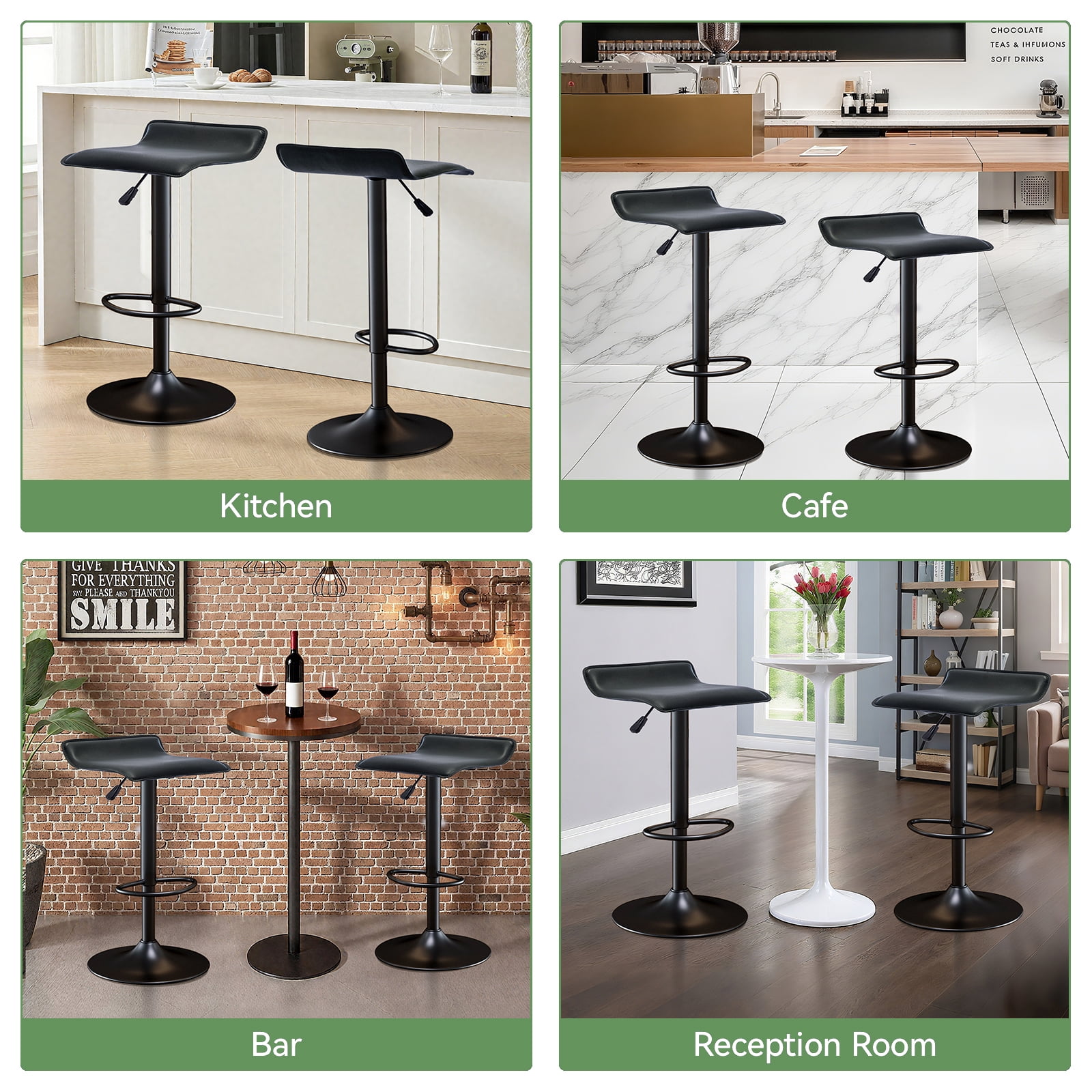 Backless Bar Stools Set of 2, 360° Swivel Adjustable Height PU Leather Bar Chairs, Modern Simple Counter Stools for Kitchen Island, Dining, Bar or Café Use (Black)