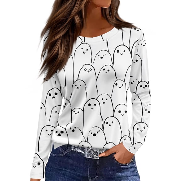 Satingcolo Halloween Shirts Women Long Sleeve Crewneck Casual Dressy Tops Funny Graphic Halloween Costumes Fall Fashion Outfits White L