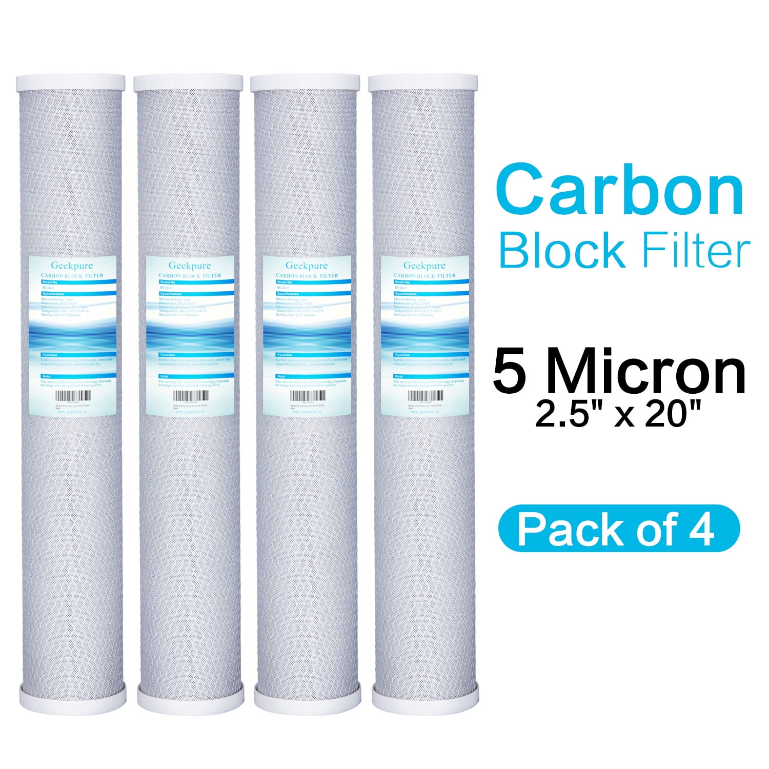 Geekpure 20 inch Universal Compatible Carbon Block Water Filter Remove Chlorine Taste Odors- 4.5 inch x 20 inch (4 Pack)