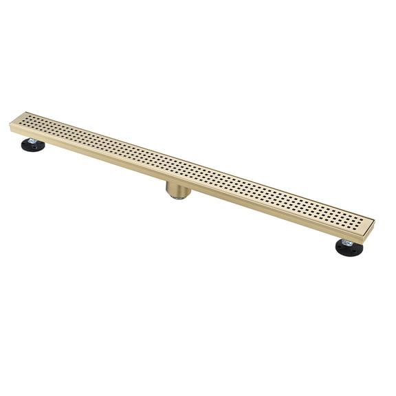 JERFIT 36-inch Brushed Gold Linear Shower Drain with Hair Strainer, Premium Stainless Steel Grid Design for Modern Bathroom & Wet Room Floor Drainage