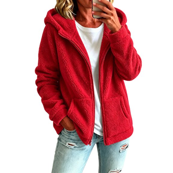 Lightweight Jacket Women Long Sleeve Hooded Sherpa Fleece Oversized Jackets Zip Up Fuzzy Basic Fall Casual Fashion Coats with Pockets Red 2XL