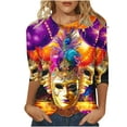 thumbnail image 3 of QATAINLAV 2025 Blouse Mardi Gras Tops for Women Daily Tshirt 3/4 Sleeve Blouse Mask Print Top Carnival Costume O Neck Casual Shirt Multicolor XL, 3 of 6