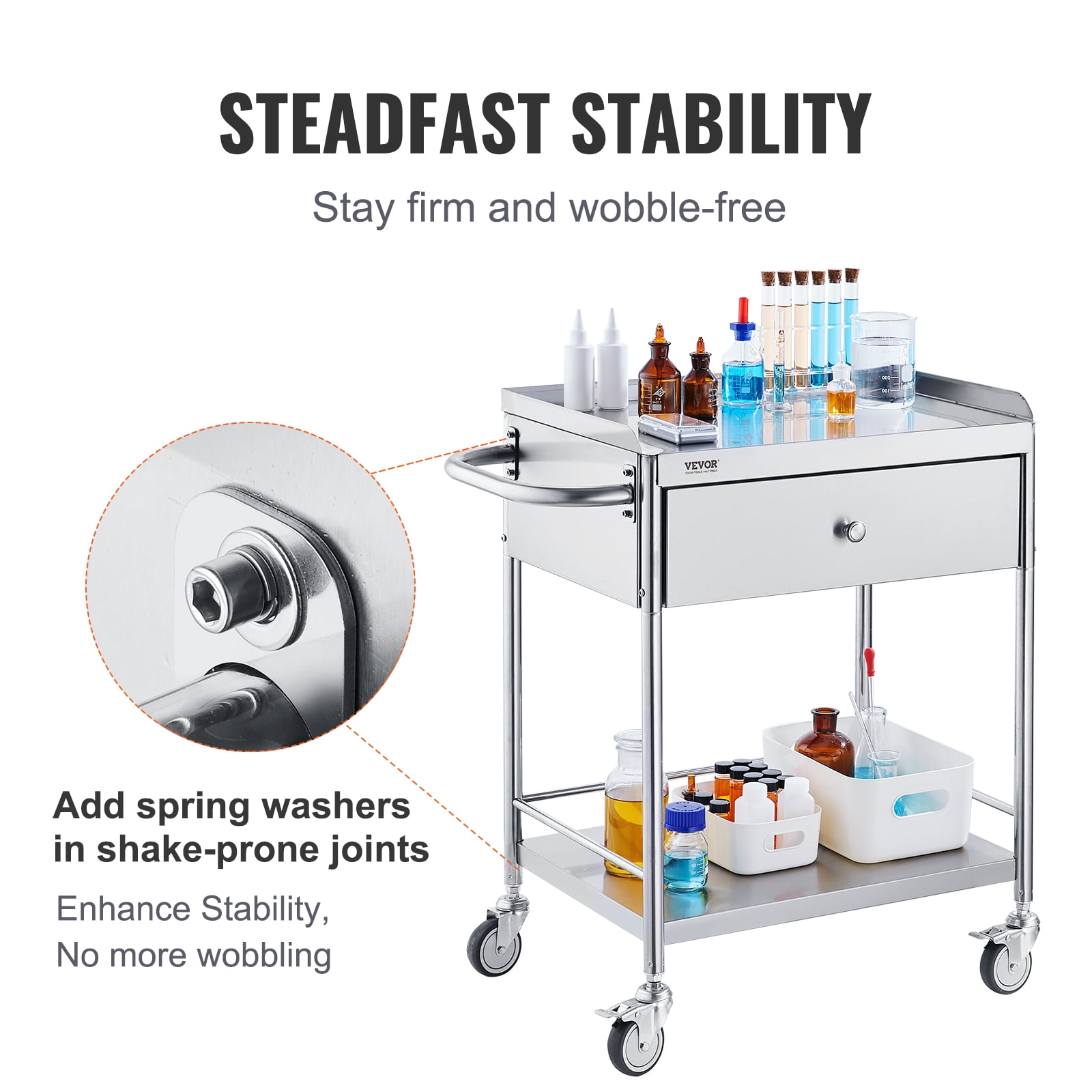 VEVOR 2-Tier Lab Cart Stainless Steel Cart Utility Rolling Cart Mobile Lab Utility Cart with A Drawer & 3 Shelves 220 lbs Catering Dental Utility Cart Dolly Restaurant 28.0'' x 16.6'' x 30.9''
