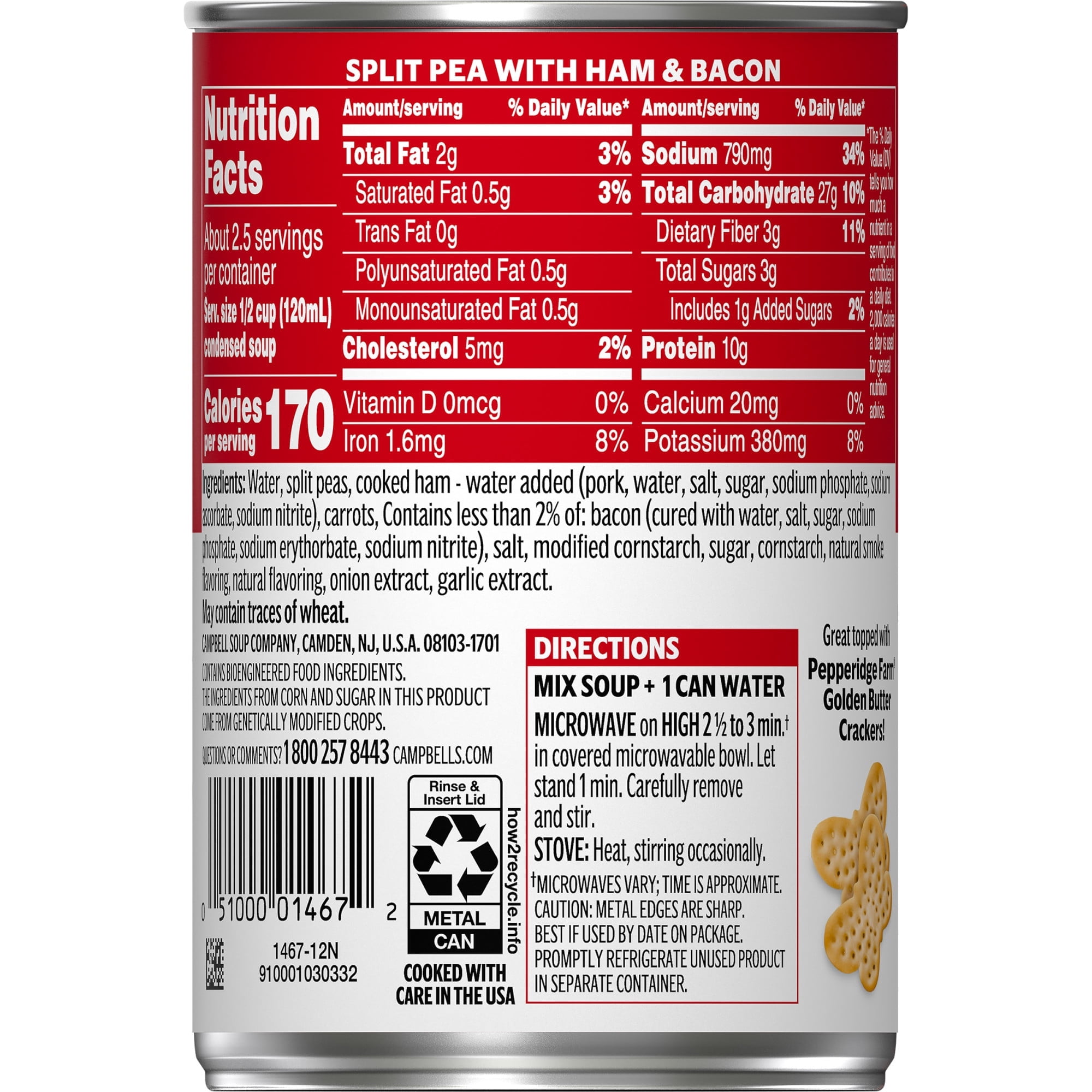 (12 pack) Campbell's Condensed Split Pea Soup with Ham and Bacon, Natural Smoke Flavoring Added, 11.5 oz Can
