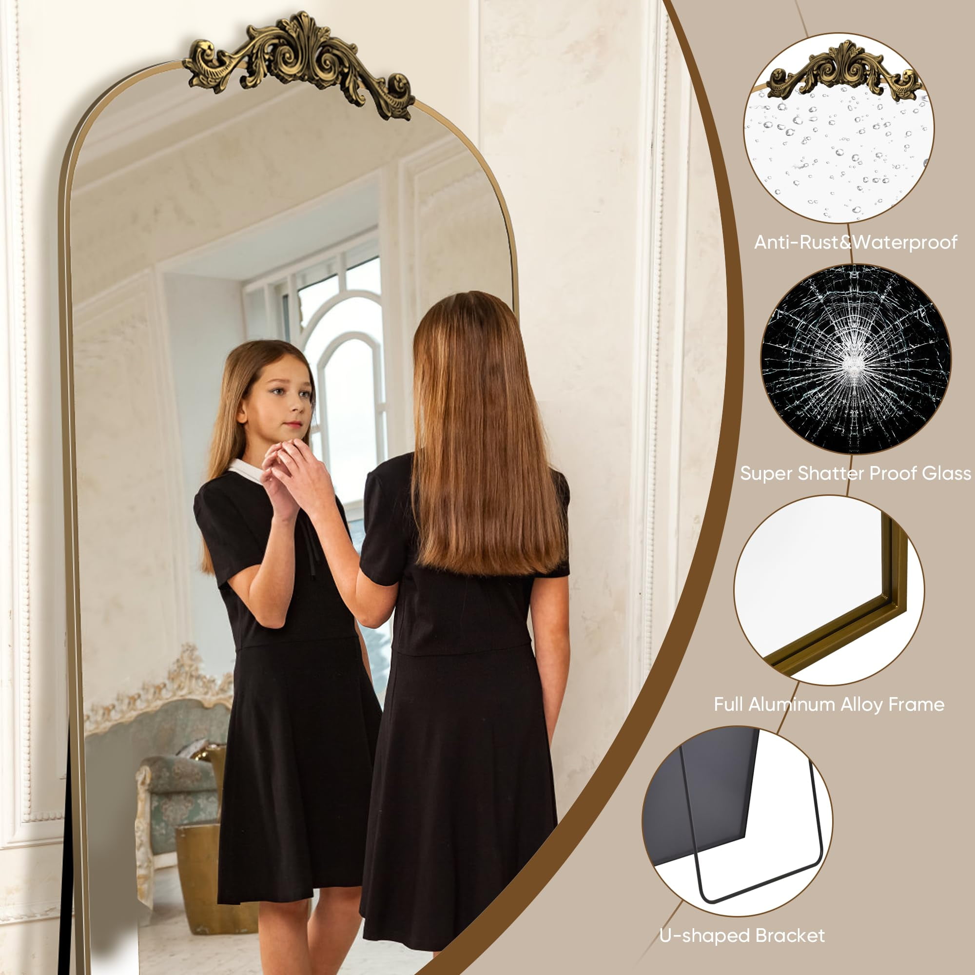 58 x18 Vintage Arched Full Length Mirror with Carved Metal Frame Baroque Style Floor Mirror Gold