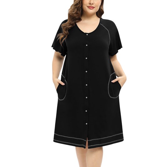 Women's Striped Sleepwear Button Down Duster Robe Short Sleeve House Dress Nightgown With Pocket XL-4XL