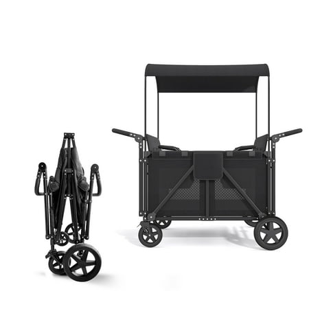 DISHUP Stroller Wagon with Canopy, 5-Point Harnesses, 4 Seater Wagon with Adjustable Handles,Black