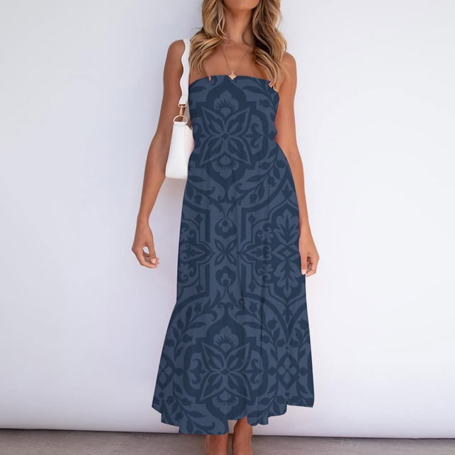 EGNMCR Robes de Fête pour Femmes Femmes Été Bohème Couleur Unie Décontractée Sans Bretelles Soirée Longue Robe Maxi