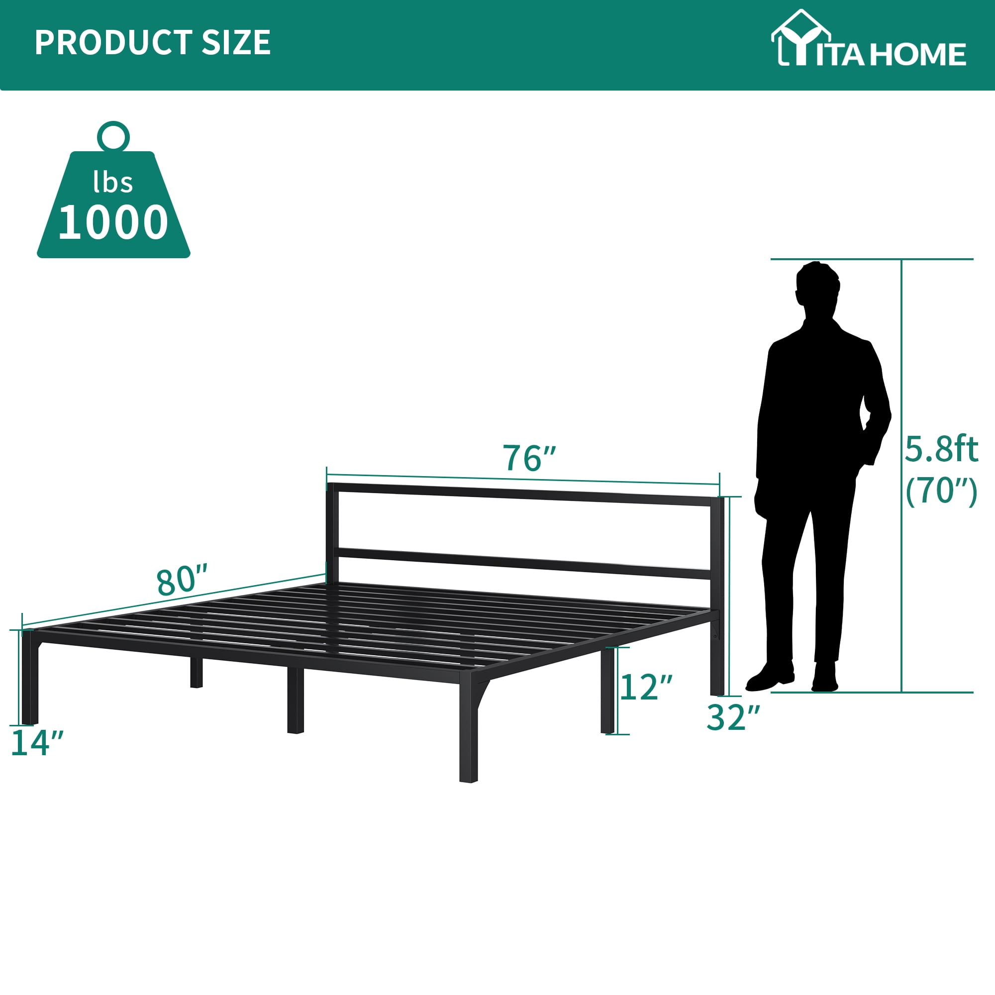 Dextrus King Size Metal Bed Frame with Modern Headboard No Box Spring Needed,Black