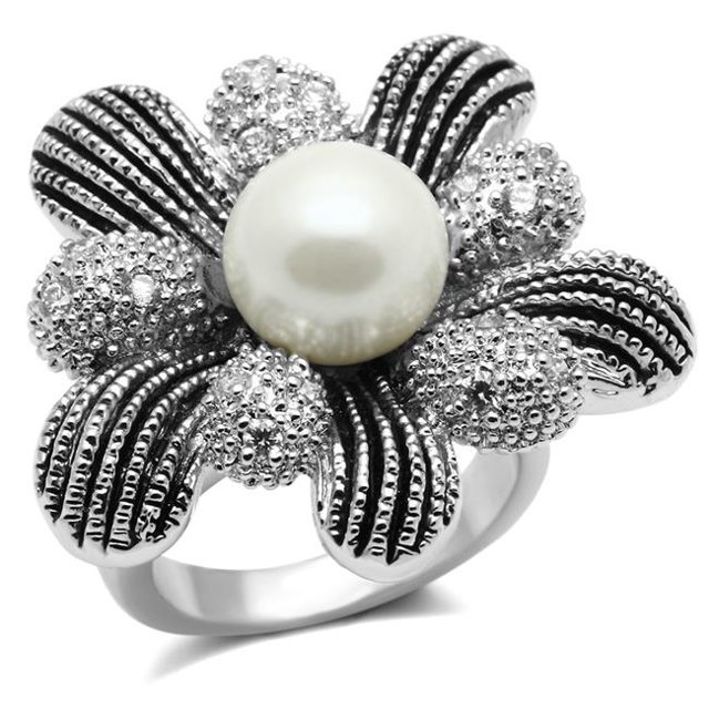 Alamode 3W294-6 Women Rhodium Brass Ring with Synthetic in White - Size 6