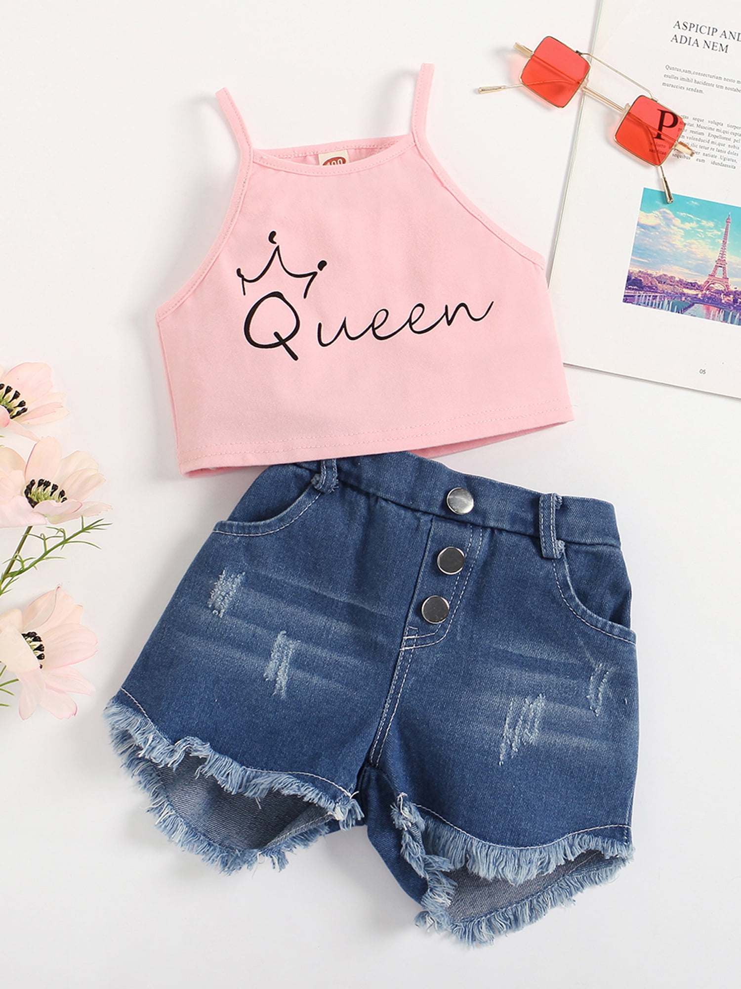 2pcs Toddler Girl Letter Print Striped Short-sleeve Tee and Blue Ripped Denim Shorts Set
