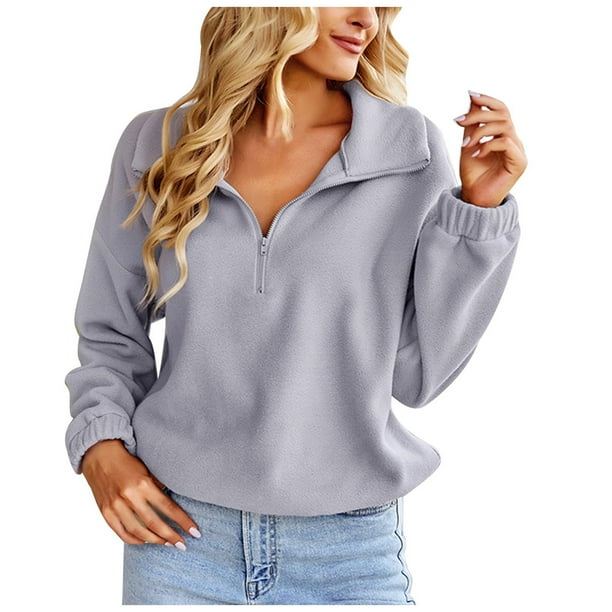 Tops de jersey de color liso con cremallera y cuello en V de manga larga informales a la moda para mujer Pompotops FGAJ16085