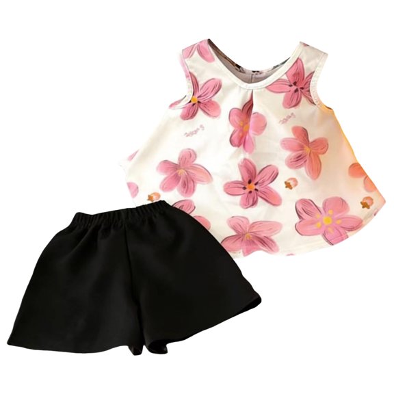 Toddler Girls Summer Outfits Floral Print Sleeveless Tank Tops Solid Color Shorts Casual 2 Piece Clothing Set Pink