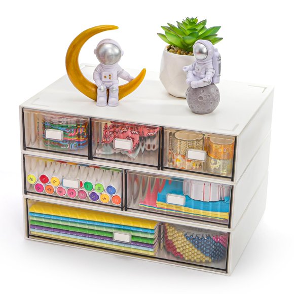 Hacaroa 3 Tier Mini Desk Organizer with 6 Drawers, Plastic Desktop Drawers Storage Box, Stackable M