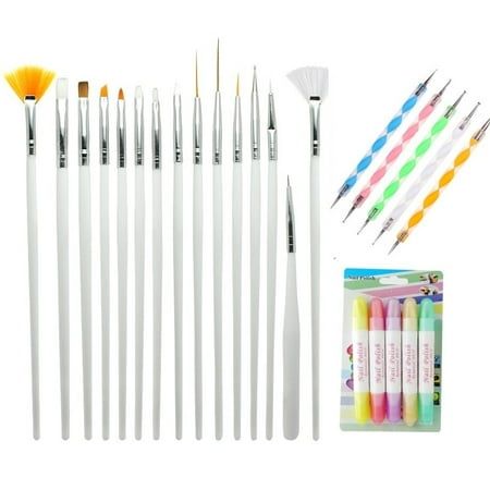 MINI-FACTORY Nail Art Kit, 15 Detail Brushes, 5 Dotting Marbleizing Pen, 4 Polish & Removal Pen Beauty Tool Kit for Nail Art
