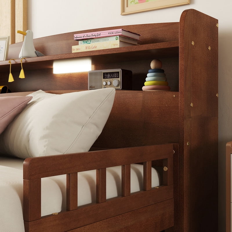 Full Size Bed Frame with Storage , Wood Full Bed with LED Lights and Storage Headboard, Full Size Platform Bed with Slats Support ,No Box Spring Needed, Walnut
