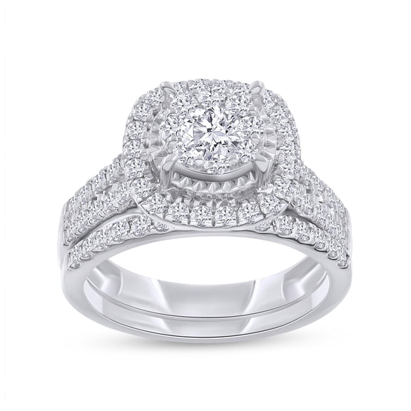 AFFY Cluster Engagement Bridal Ring Set For Women 1.00 Cttw Round Shape Lab Grown Diamond Halo Wedding Band Rings Set in 14K White Gold Plated 925 Sterling Silver Jewelry Size-10