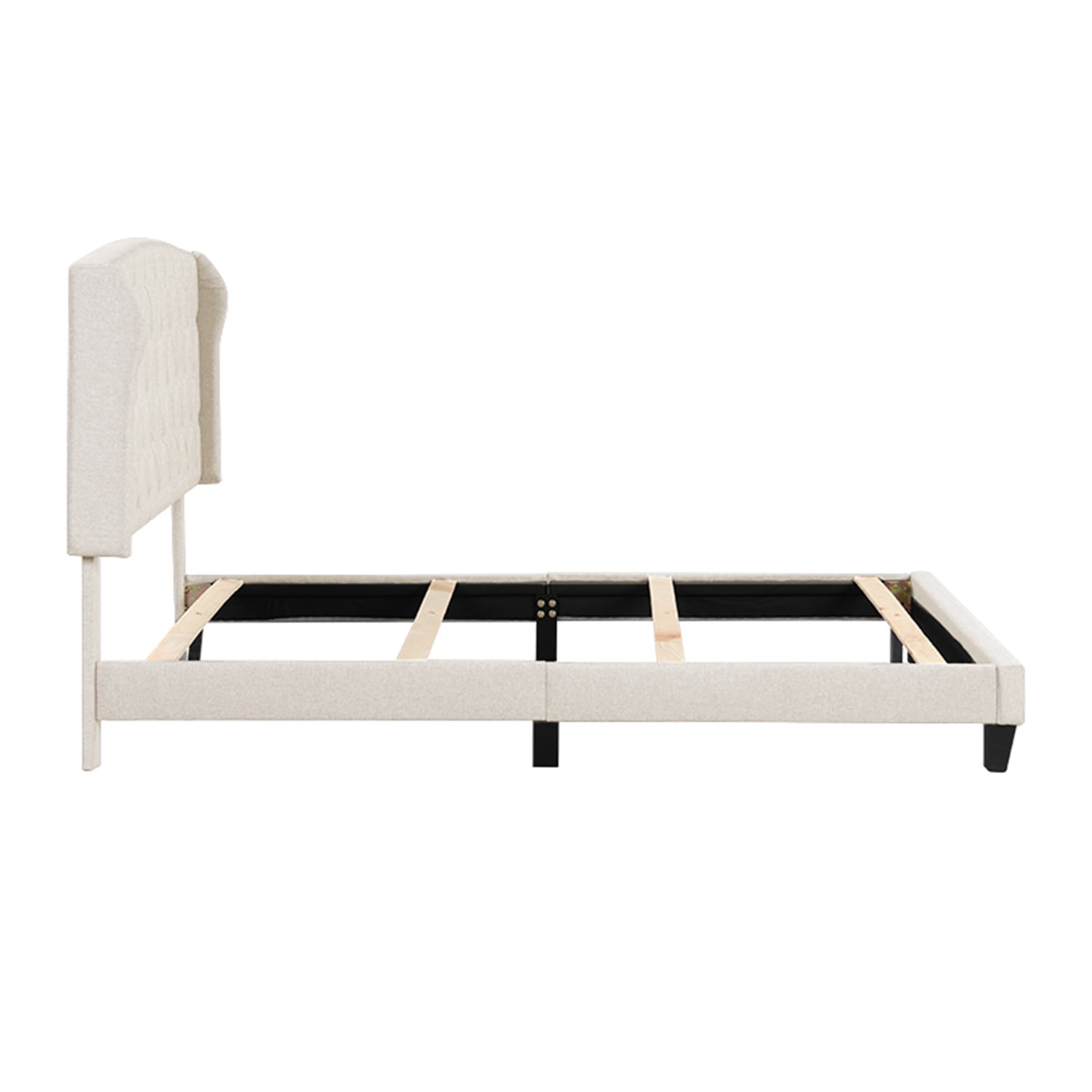 Kepooman Queen Size Bed Frame, Faux Leather Upholstered Button Tufted Low Profile Platform Bed Frame with Wingback Headboard for Bedroom, No Box Spring Needed, Easy Assembly, Beige Kepooman Queen Size Bed Frame, Faux Leather Upholstered Button Tufted Low Profile Platform Bed Frame with Wingback Headboard for Bedroom, No Box Spring Needed, Easy Assembly, Beige