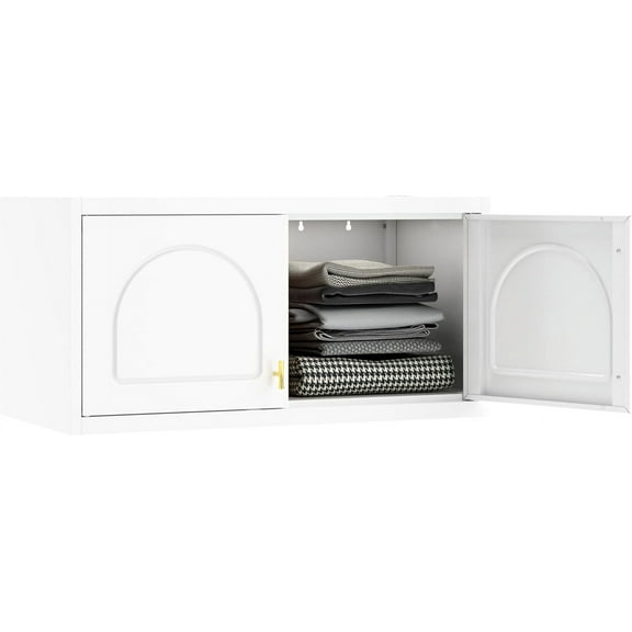Metal Storage Cabinet with Doors, Small Armoire Wardrobe Closet, White Storage Wall Cabinet, 15" Tall Clothing Cabinets, Steel Overhead Wardrobe for Bedroom, Laundry Room- Assembly Required