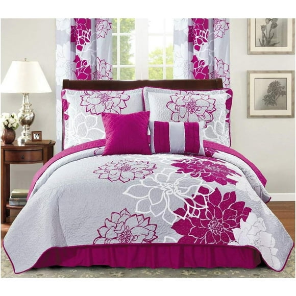 XYSP New 6pc Flower Printed Reversible Bedspread Set with Dust Ruffle (Cal King Size, Purple/Grey)