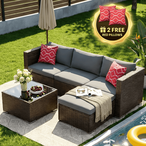 Patio Furniture Set, Lofka 5-Piece All Weather PE Wicker Outdoor Conversation Set with Removable Washable Cushions, Tempered Glass Table and 2 Free Pillows, Gray