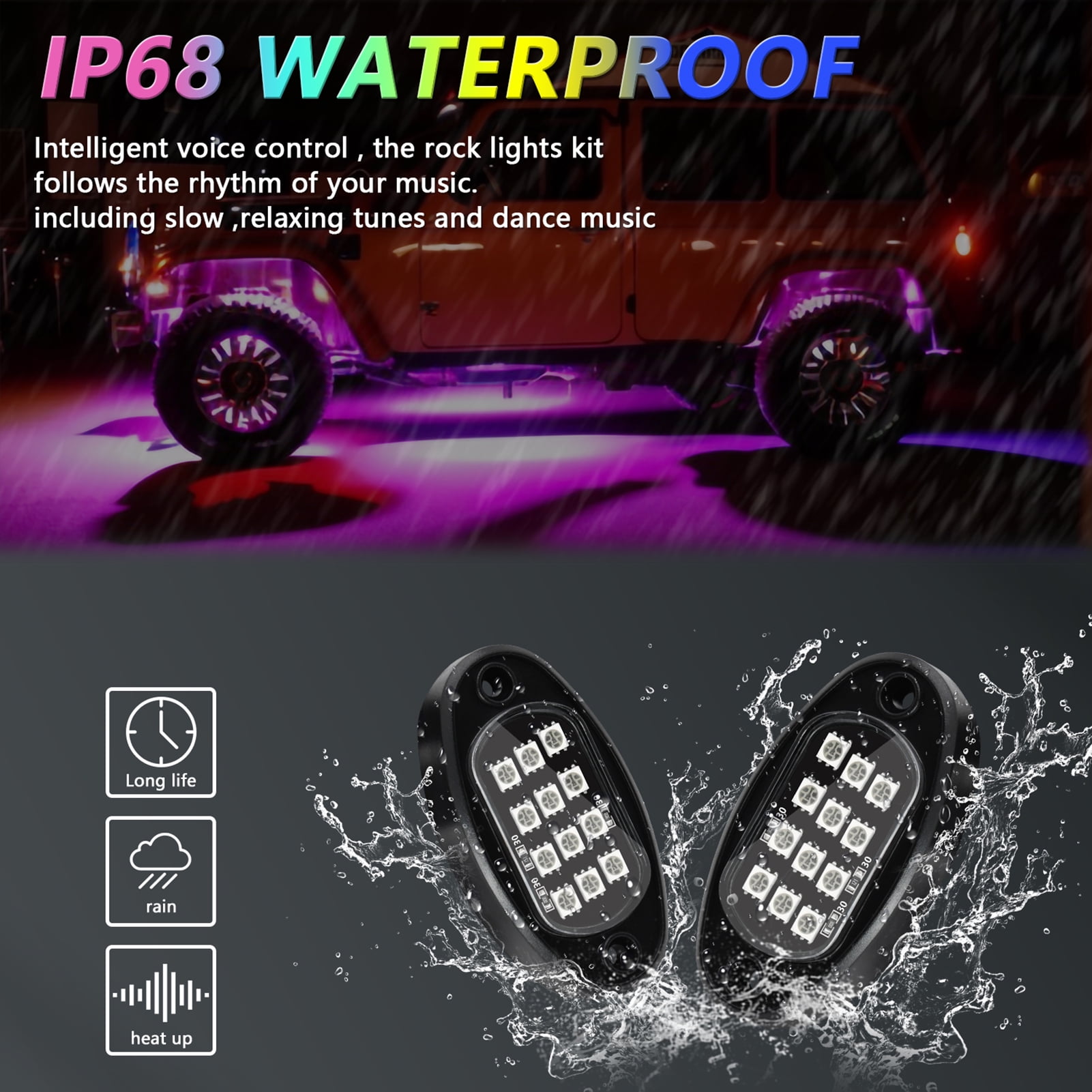 Multicolor LED Lights Lights LED Rock Lights 8pcs Multicolor LED Lights Brightness Adjustment Waterproof with APP BT Sync with Music Function for SUV ATV UTV