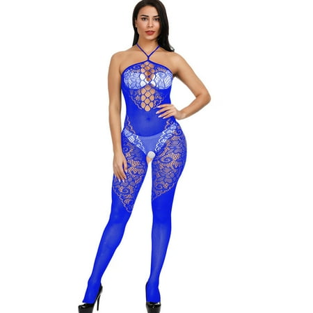

Intimates Women Sexy Halter Lingerie Fishnet Bodystocking Underwear Nightwear Chemises Bodysuits Garter Spandex Simple Long Sleeve Shirts for Women Blue