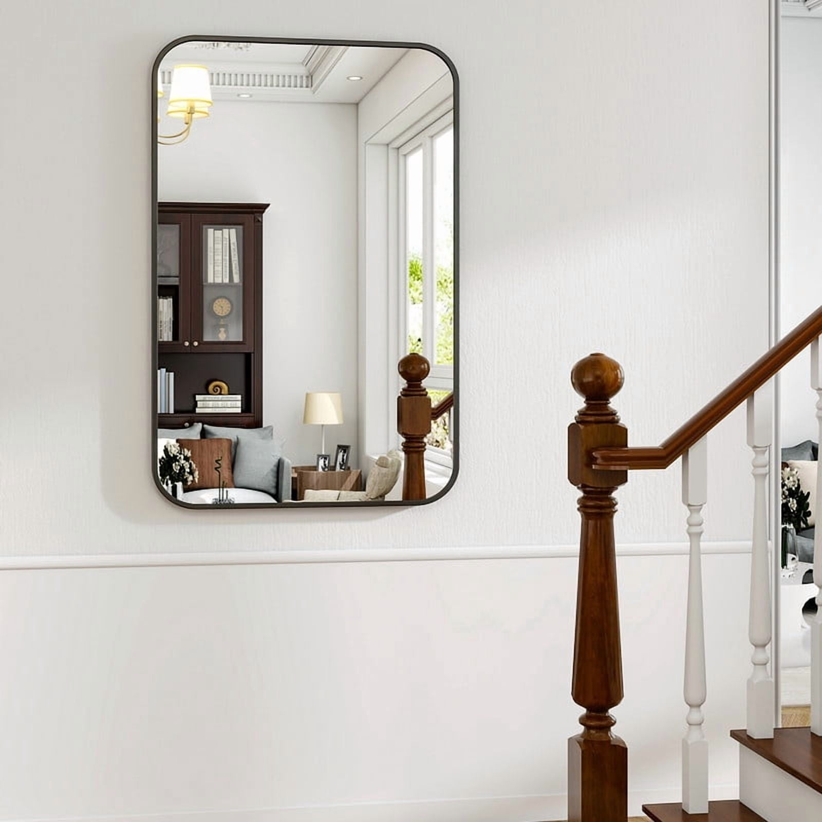 Easy4Home 28"x20" Rectangular Bathroom Mirror Hanging Rounded Corners Vanity Mirror Wall Mounted, Black
