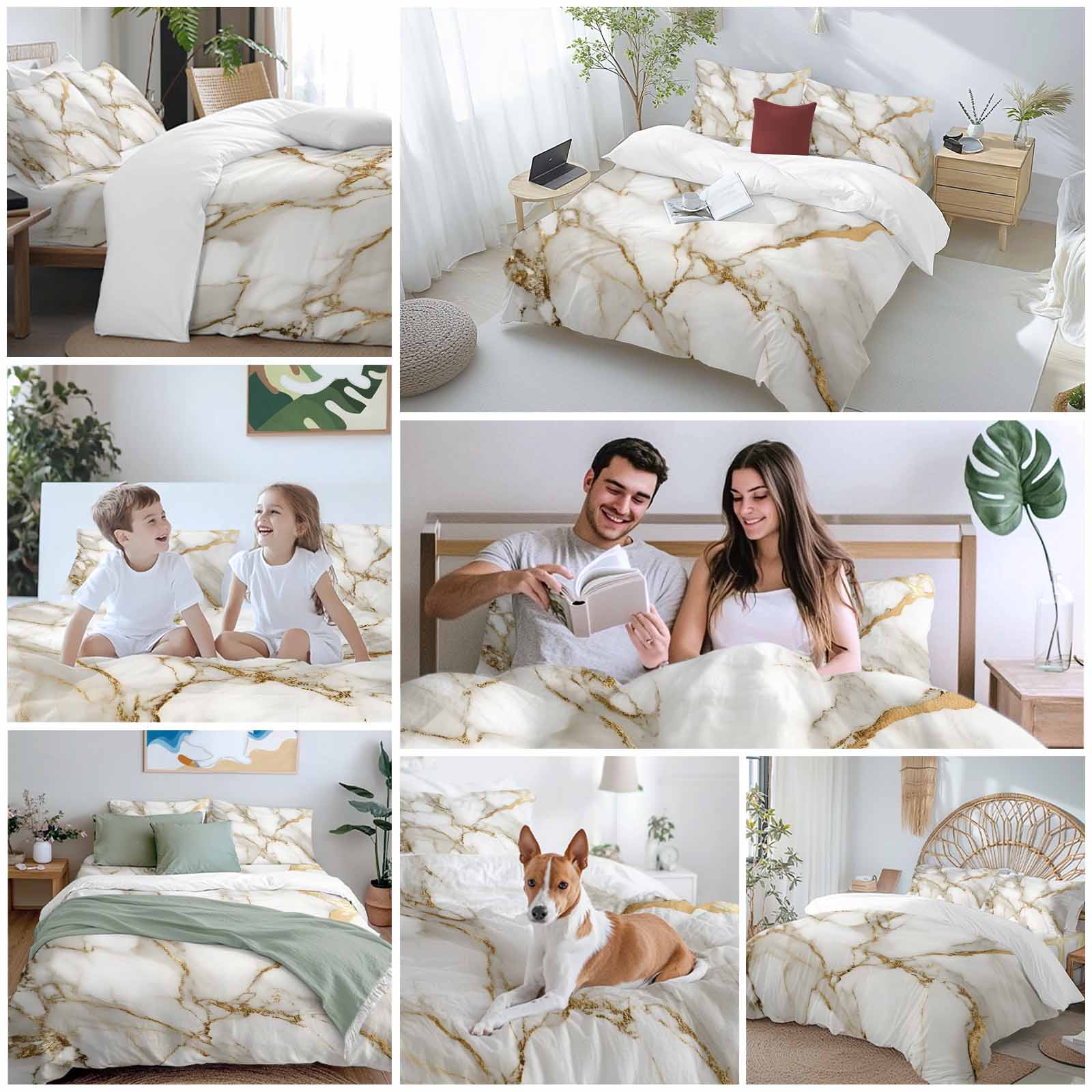 Abstract Duvet Cover Set Queen Size White Marble Pattern Gold Crack Texture Minimalism Soft Lightweight Comforter Covers 4 Piece Bedding Set with 1 Duvet Cover 1 Bed Sheet & 2 Pillow Shams