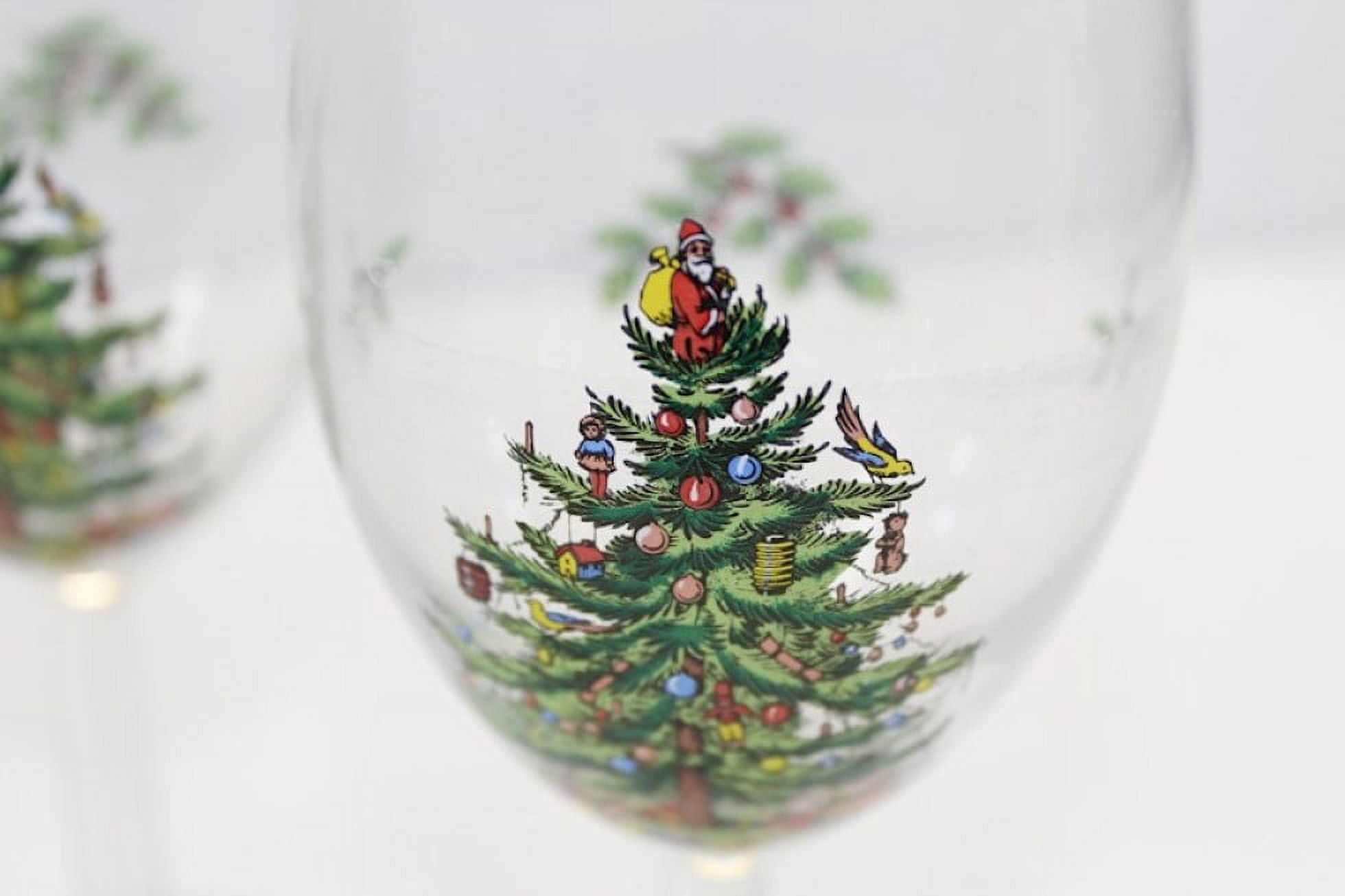 Set of 2 Spode Holiday Christmas Tree 19oz Stemless Wine Glasses Gold Trim  Santa
