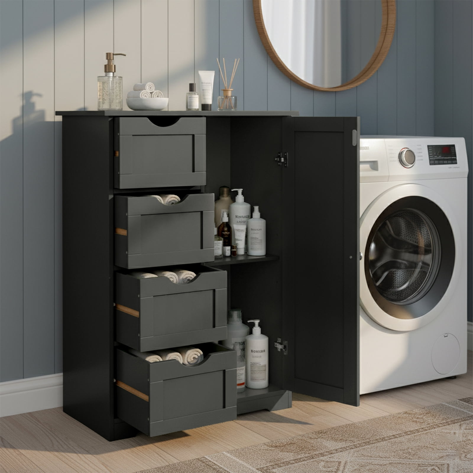 Ktaxon Wooden Bathroom Floor Cabinet, Side Storage Organizer with 4 Drawers, 1 Cupboard & 2-Shelves, Black
