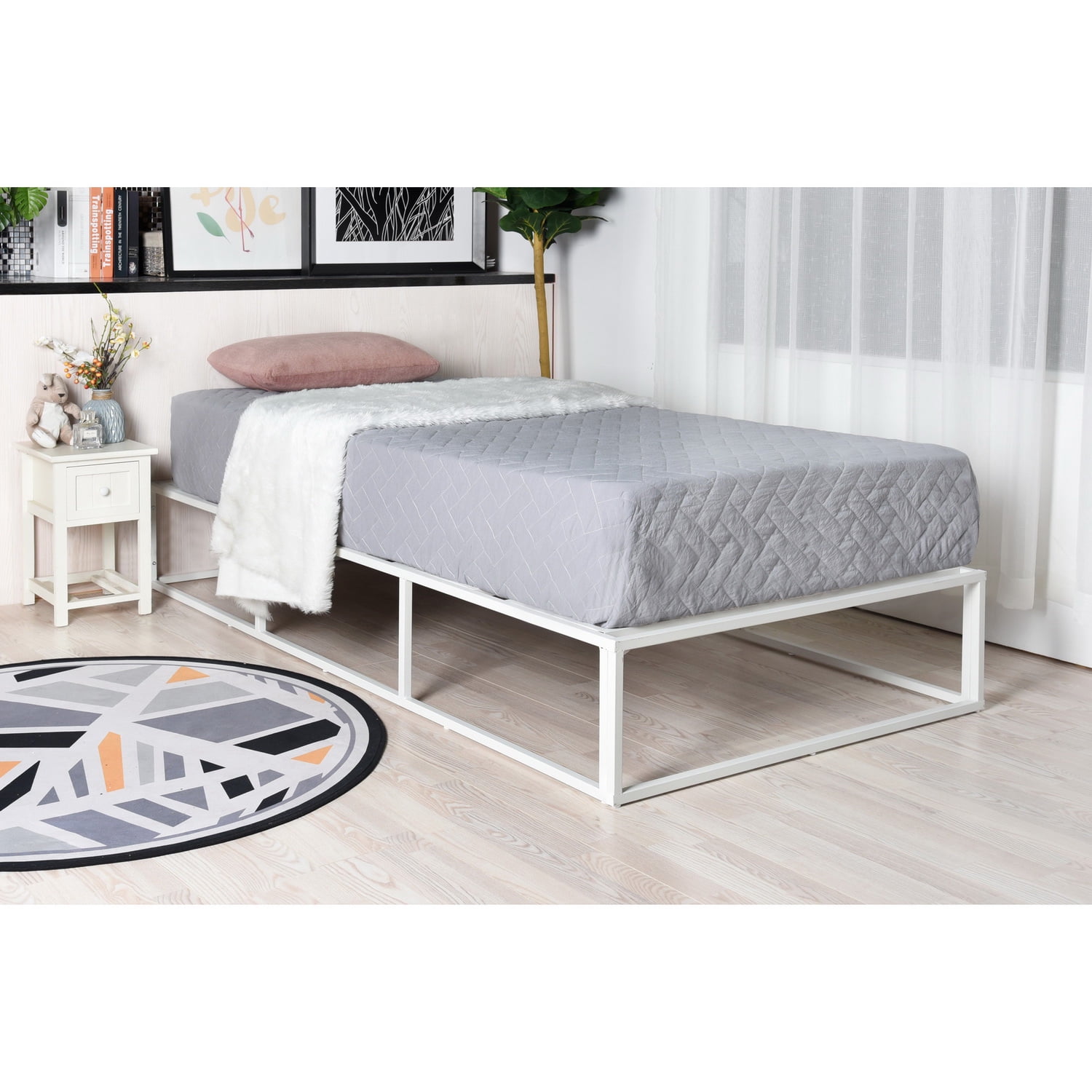 Private Jungle Twin Bed Frame White 12"H Steel Platform Metal Bed Frame with Storage,Heavy Duty Steel Slat and Anti-Slip Support(No Box Spring Needed),White