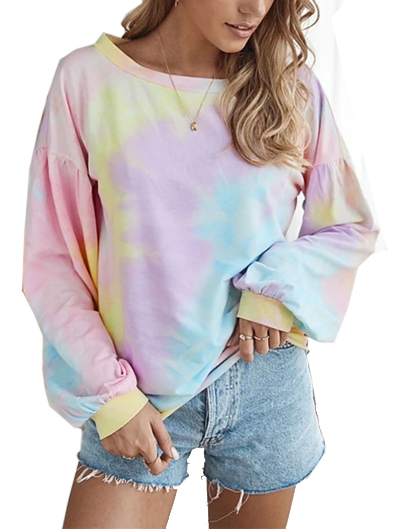 Halloween Shirts for Women Casual Tops Crewneck Long Sleeve Sweatshirts Trendy Reverse Tie Dye Rainbow Pullover Blouse 