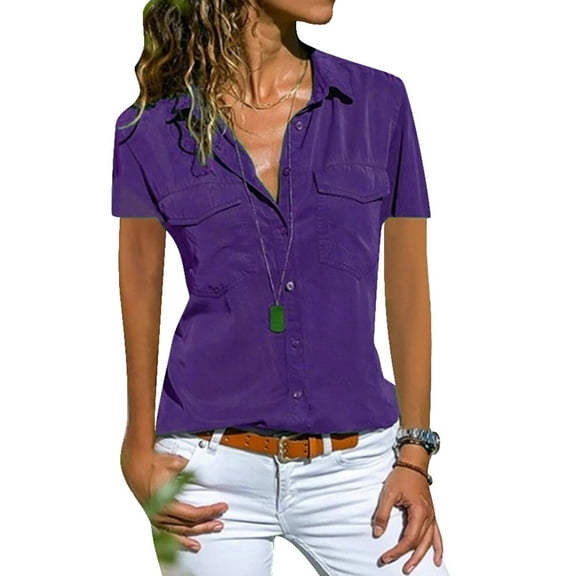 JustVH Women Short Sleeve Lapel Shirts V Neck Button Down Blouse Tops