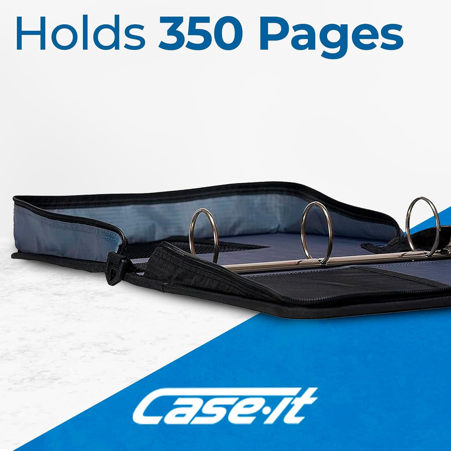 Case-it Classic Zipper Binder, 2" O-Ring with Mesh Pockets and Shoulder Strap and Handle, 350 Page Capacity, D-251 Denim Blue
