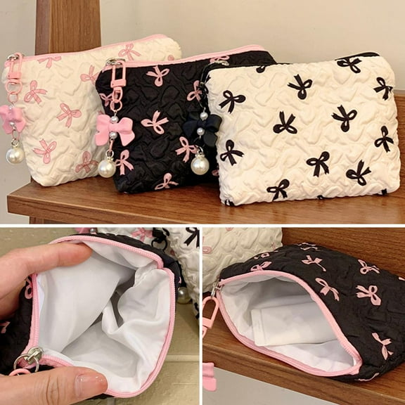 SSKFHGI Korean White Bow Pouch Portable Travel Cosmetic Bag