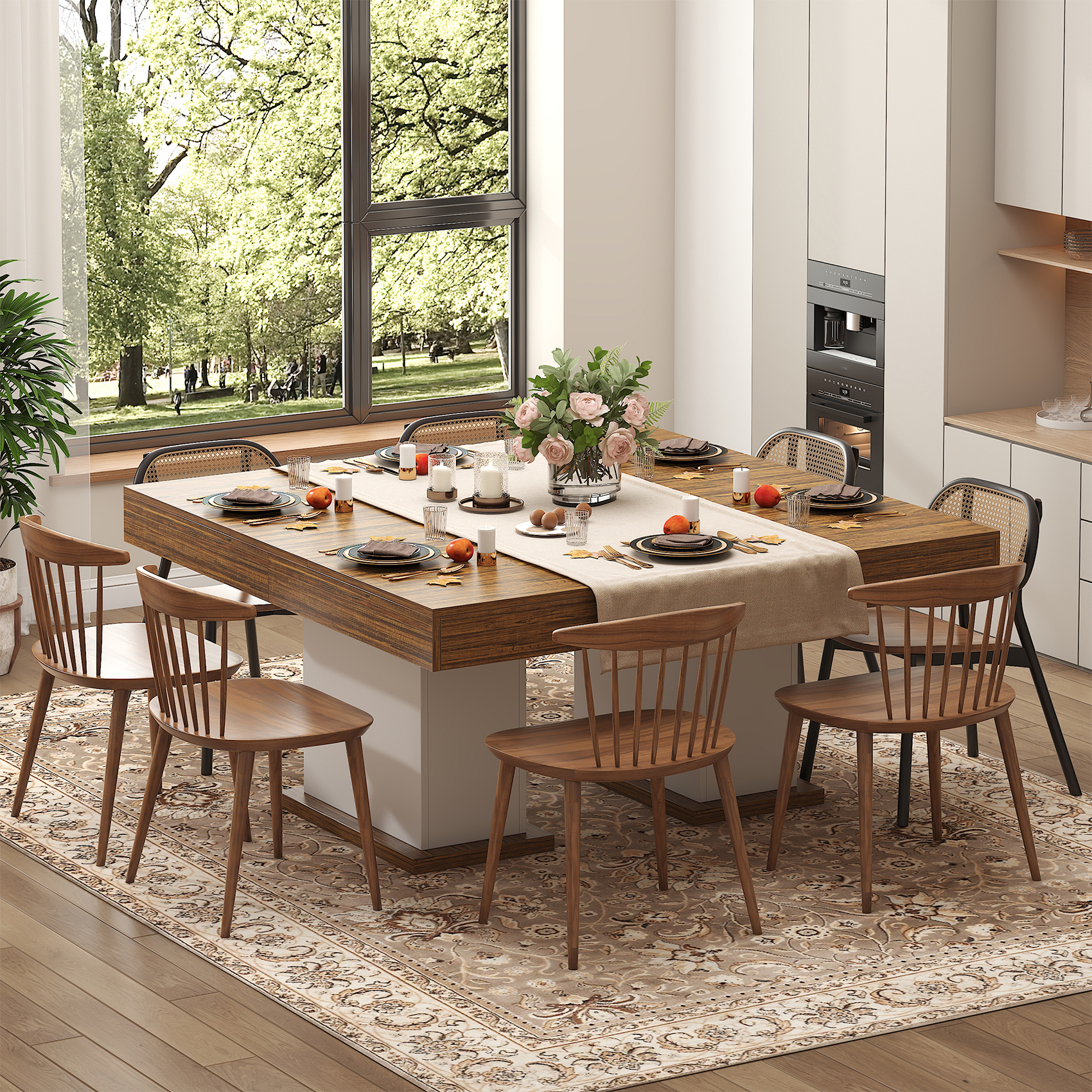 Winkalon 55.1" Dining Table, Rustic Wood Dinner Eating Table With Drawers for Kitchen, Dining Room, Walnut