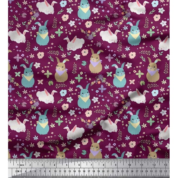 Soimoi Cotton Poplin Fabric Floral & Rabbit Kids Print Fabric by The Yard 42 Inch Wide