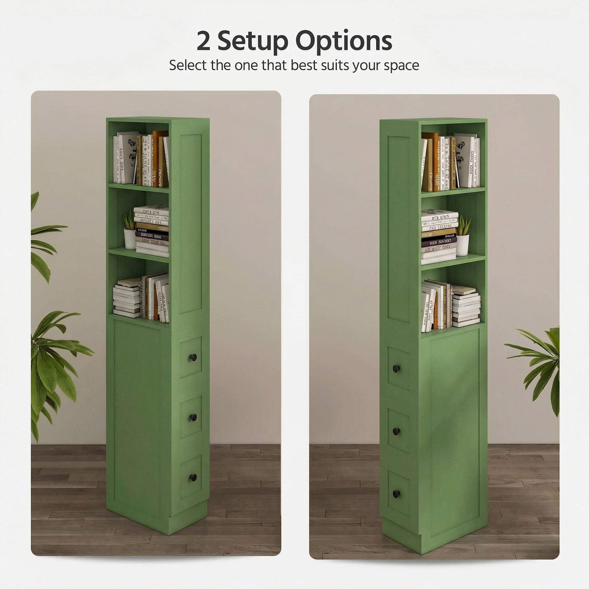 KAMEROUT Tall Slim Storage Cabinet with 2 Adjustable Shelves & 3-level Drawers for Bathroom, Kitchen, Green