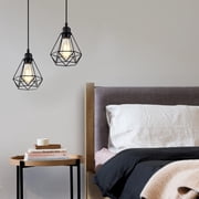 Modern Industrial Pendant Light 2 Pack Black Metal Geometric Cage E26 Hardwired Hanging Ceiling Light for Kitchen Island