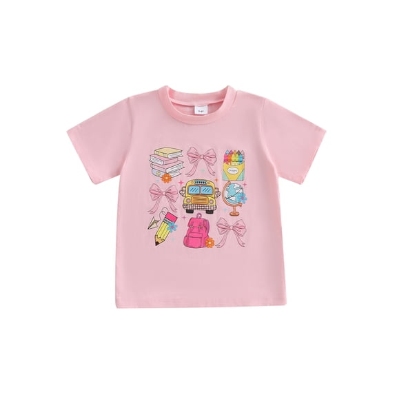 RUINIXCW Toddler Baby Girl Back to School Shirt Kids Kindergarten Outfit First Day of School Outfit Book Pencil Bus Printed Short Sleeve Loose T Shirt Top Big Girls Summer Shirts Clothes 3-9 Years