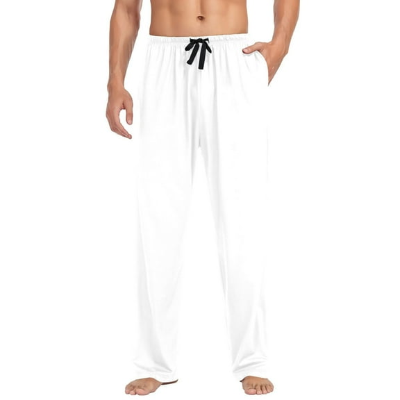 Cotton Mens PJ Pajama Pants Bottoms Waistband Sleepwear with Pockets White