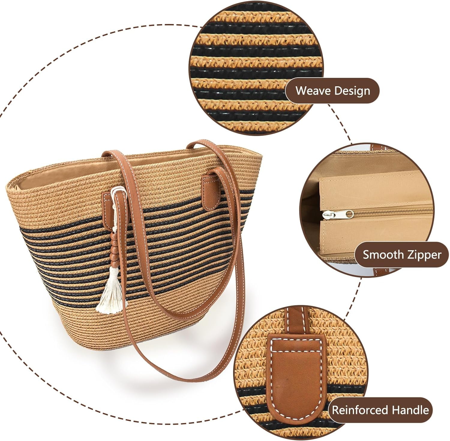 Straw Beach Tote Bag for Women, Large Woven Purse with Zipper for Summer Travel, Beach Vacation Shoulder Bag
