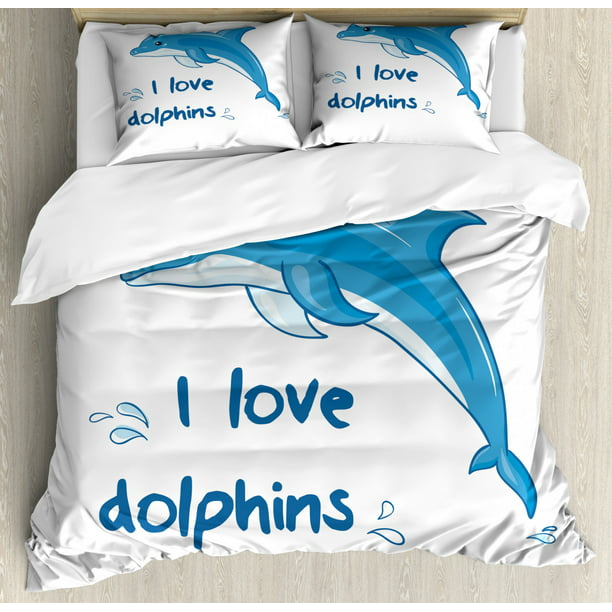 Dolphin Duvet Cover Set Cartoon Style Ocean Animal With I Love